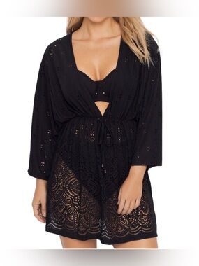 Dotti Gypsy Gem Crochet Tunic Cover-Up, Black, Medium, MSRP $54